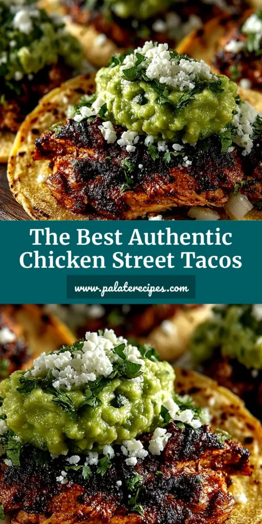 An overhead shot of authentic Chicken Street Tacos served on a wooden board. The tacos are filled with grilled chicken, fresh cilantro, and diced onions, with lime wedges on the side. This image is for a pin about an easy chicken street taco recipe.