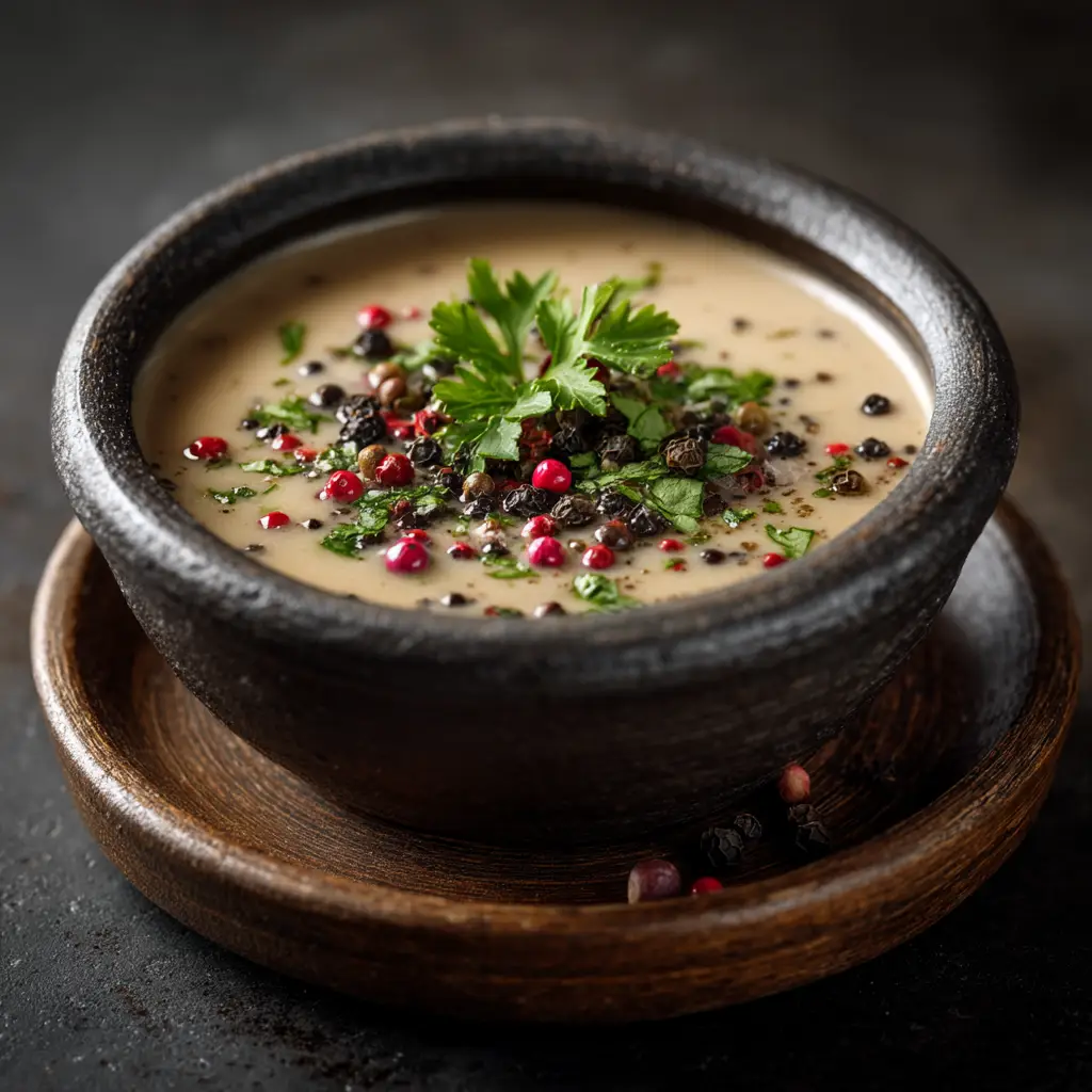 An overhead view of the finished peppercorn sauce, showcasing its smooth, rich texture in a dark serving bowl.