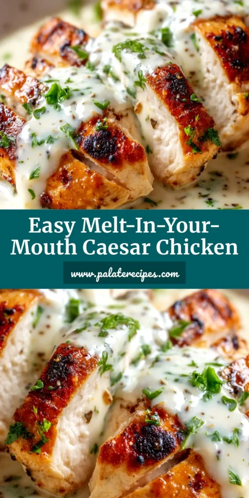 Caesar Chicken: The Ultimate Weeknight Dinner Solution 5 A close-up shot of perfectly sliced Caesar Chicken arranged on a plate, drizzled with creamy dressing and garnished with fresh parsley. The ultimate easy Caesar chicken recipe.