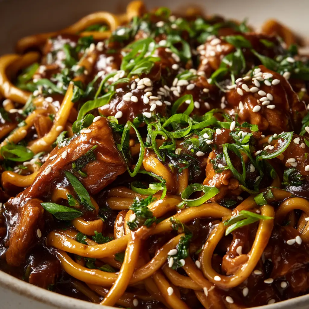 A savory bowl of chicken noodle stir fry, with chopsticks picking up a bite of the sticky garlic chicken noodles. Green onions are sprinkled on top.