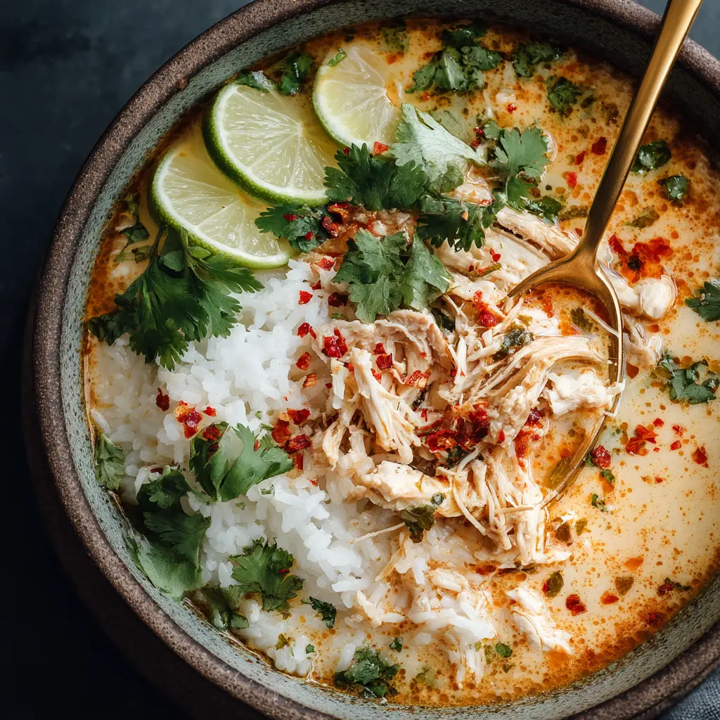 Coconut Chicken and Rice (The Ultimate One-Pan Recipe) 2 A spoonful of coconut chicken and rice being lifted from a bowl, showcasing the creamy sauce and individual grains of rice.
