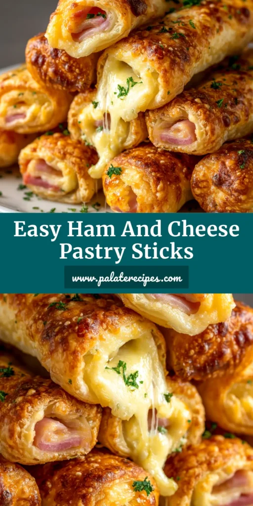 Ham and Cheese Sticks: The Ultimate Easy Appetizer 4 A close-up shot of golden-brown baked ham and cheese sticks stacked on a plate, ready to be served as an easy appetizer.