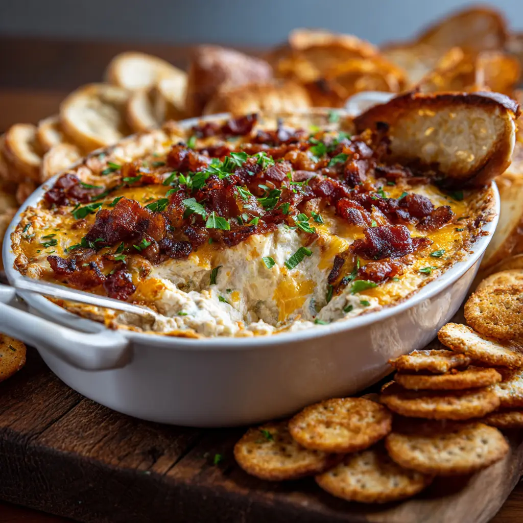 A side view of the Hissy Fit Dip in a baking dish, showing the golden-brown cheesy top layer.