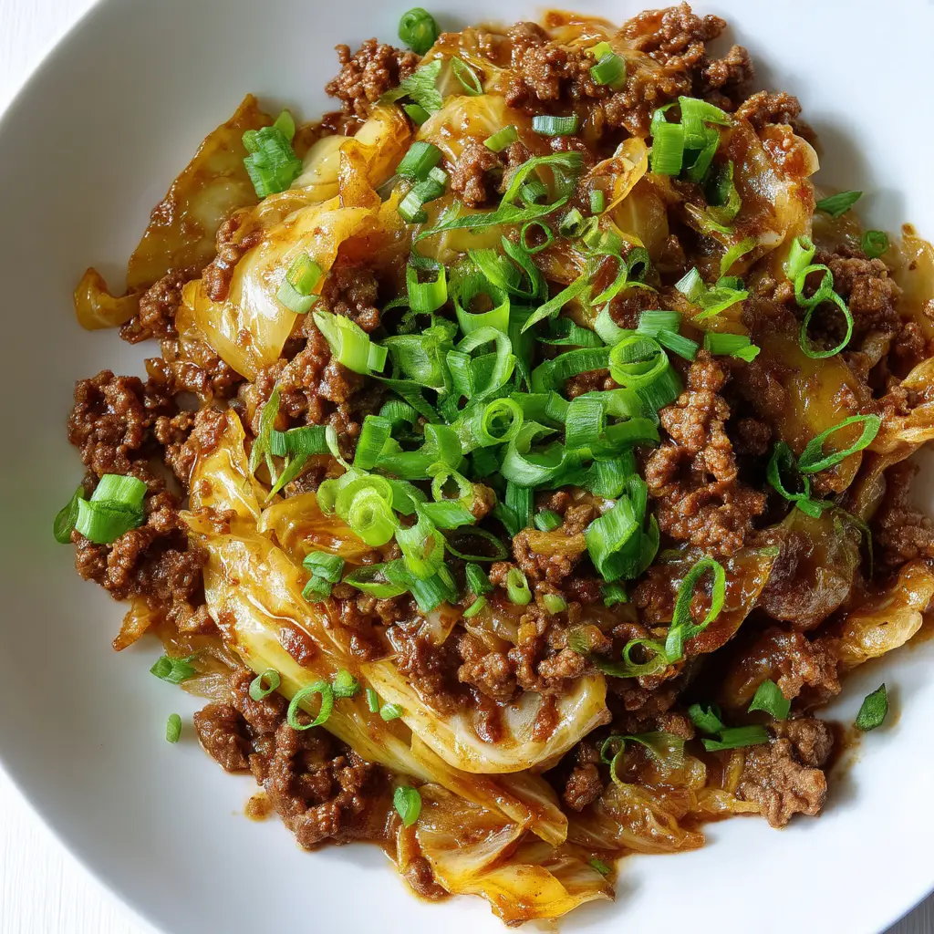 A close-up of the easy ground beef stir-fry in a bowl, served over cauliflower rice and topped with fresh green onions.