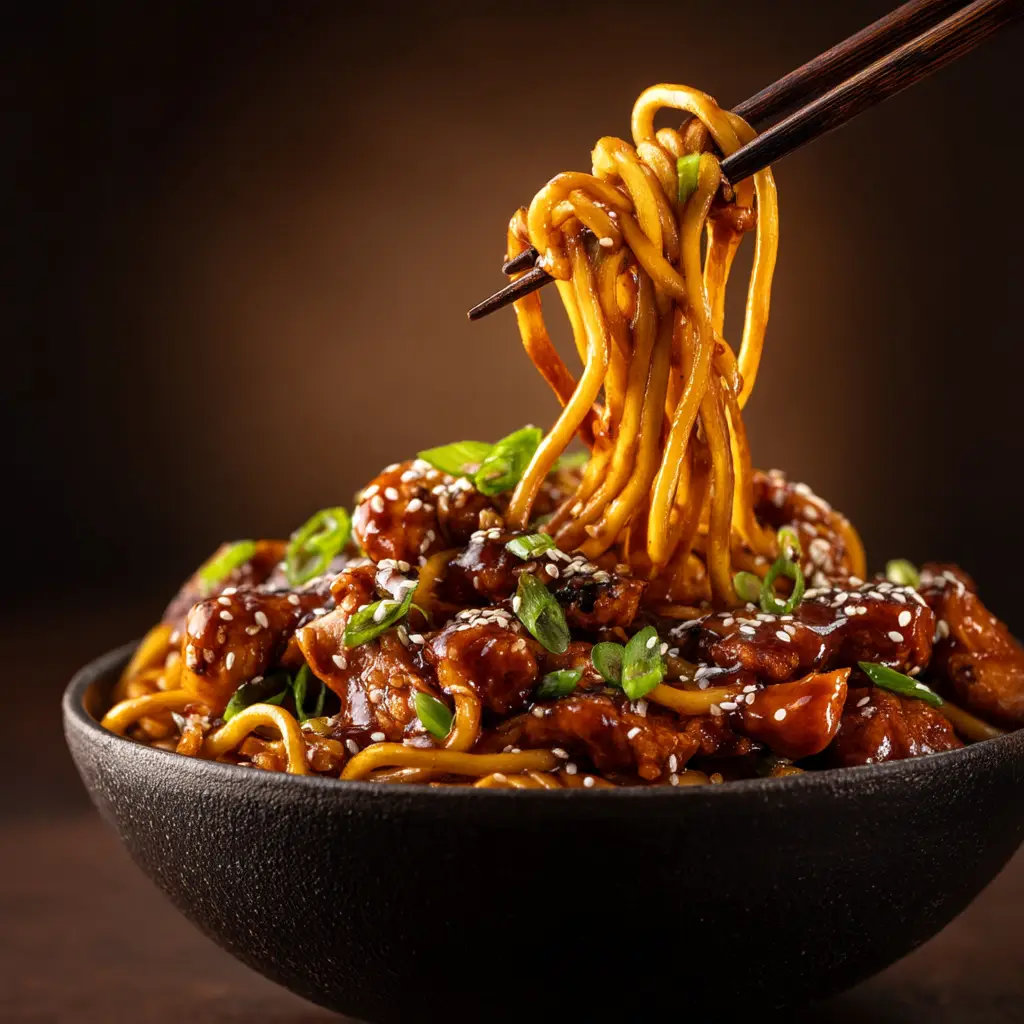 A fork twirling a bite of the sweet and sticky chicken noodles from a bowl, ready to be eaten.