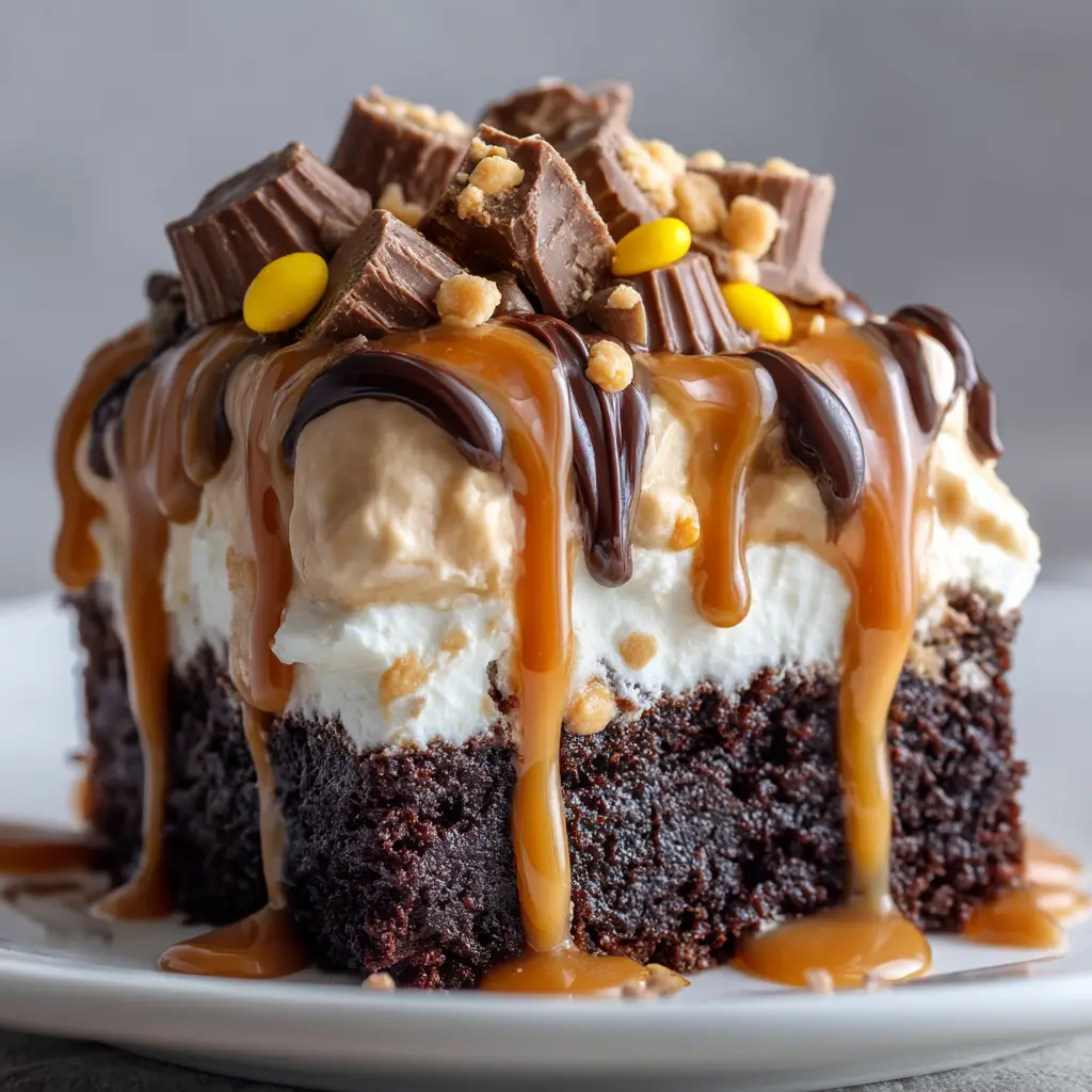 A top-down view of the Chocolate Peanut Butter Poke Cake in a baking dish, frosted and topped with ganache and chopped Reese's peanut butter cups.