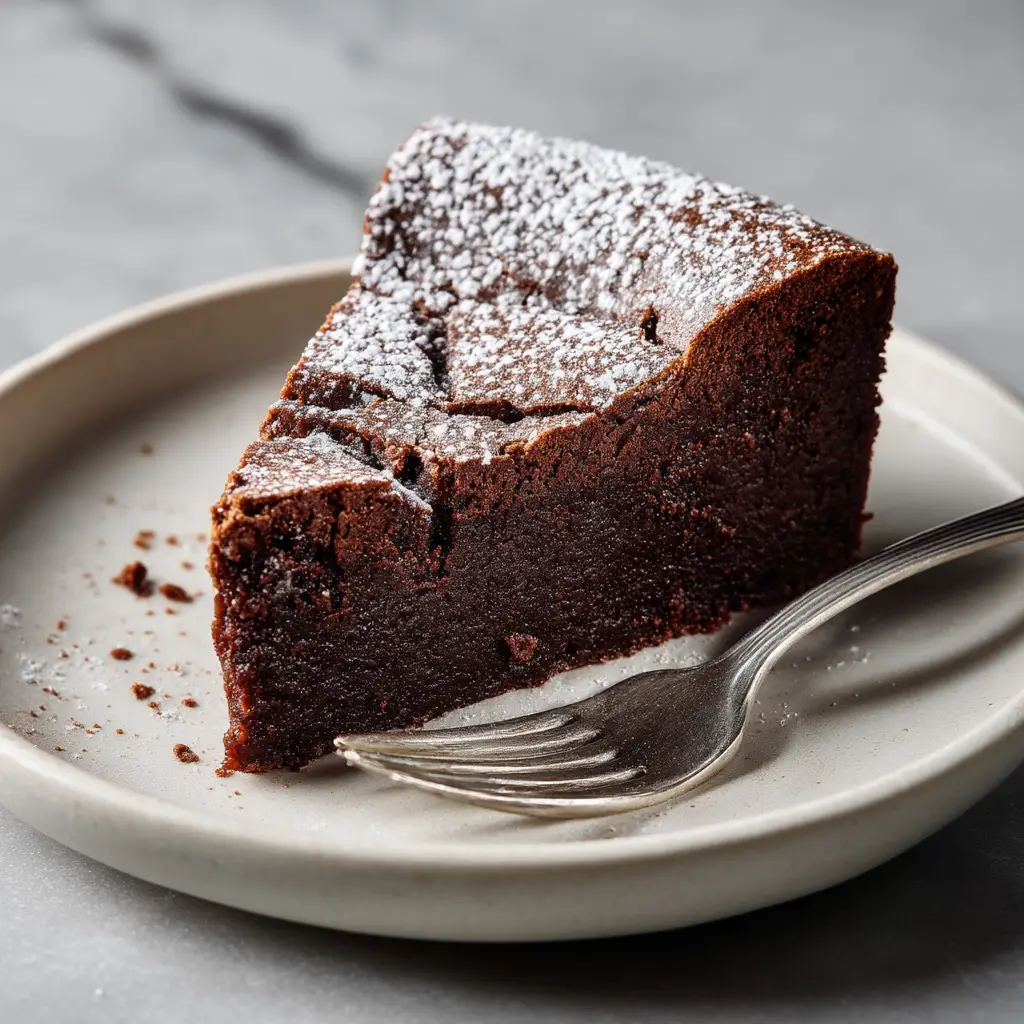 A close-up shot of the glossy, smooth chocolate batter for the flourless torte being mixed in a bowl.
