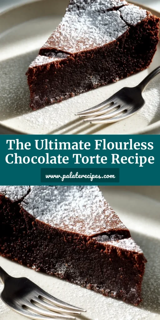 A rich and decadent flourless chocolate torte recipe on a white plate, dusted with cocoa powder and garnished with fresh raspberries.