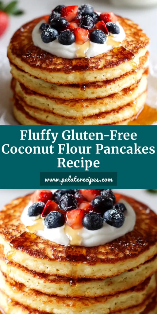 A tall, perfect stack of fluffy coconut flour pancakes on a white plate, drizzled with maple syrup and topped with fresh blueberries. The ultimate keto and gluten-free breakfast.