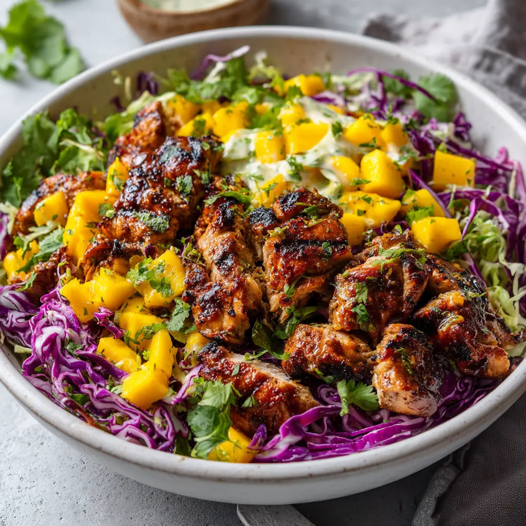 Jerk Chicken & Mango Slaw Bowls: A Taste of the Caribbean 2 A bright and fresh bowl of mango slaw, with julienned mango, shredded cabbage, carrots, and cilantro.
