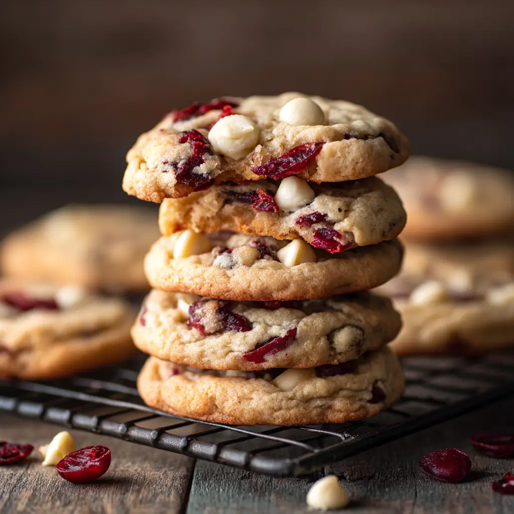 Finished Cranberry Bliss Cookies arranged on a platter, showing the thick cream cheese frosting and cranberry topping.