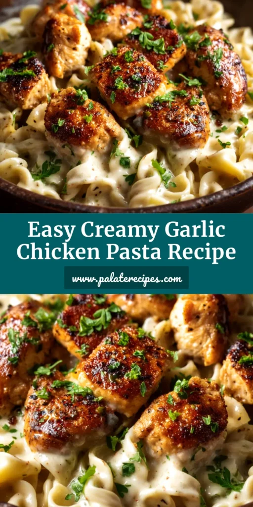 A top-down view of a white bowl filled with creamy Garlic Butter Chicken Pasta, garnished with fresh parsley and black pepper.
