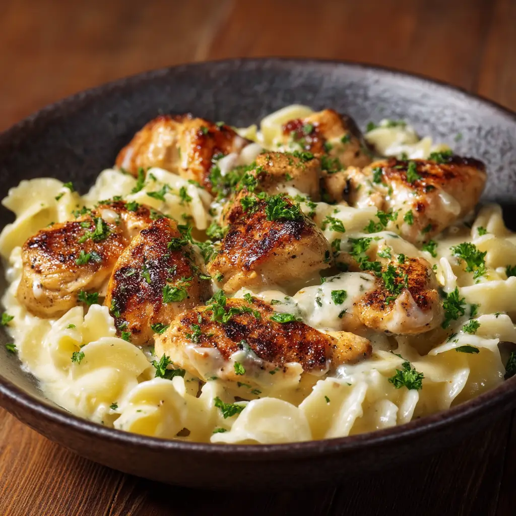 A serving of garlic butter chicken pasta on a plate, with a fork twirling some of the fettuccine and chicken.