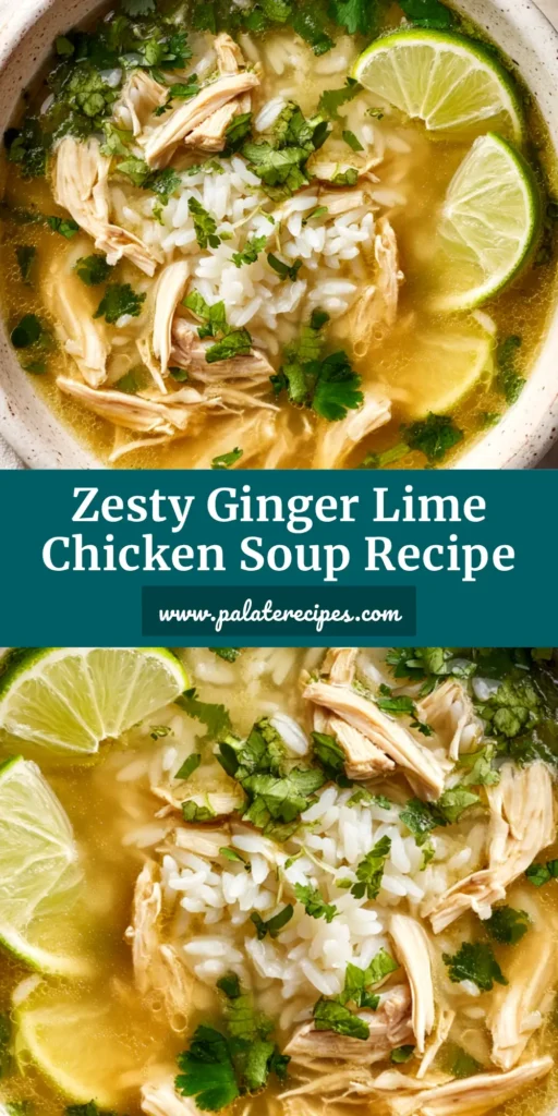 A beautiful bowl of Ginger Lime Chicken and Rice Soup, garnished with fresh cilantro and a slice of lime. A perfect easy and healthy dinner recipe.