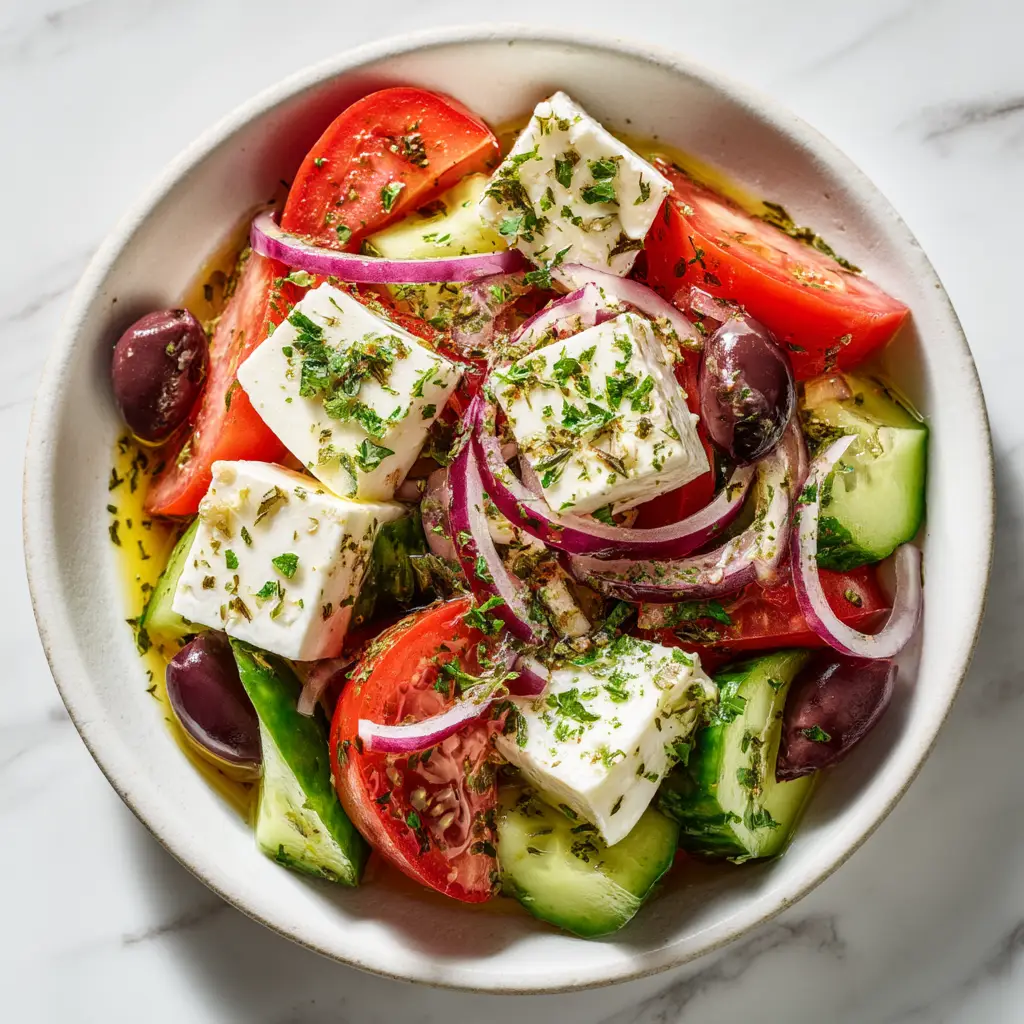 A vibrant and fresh Horiatiki salad with a simple olive oil and vinegar dressing being drizzled over the top.