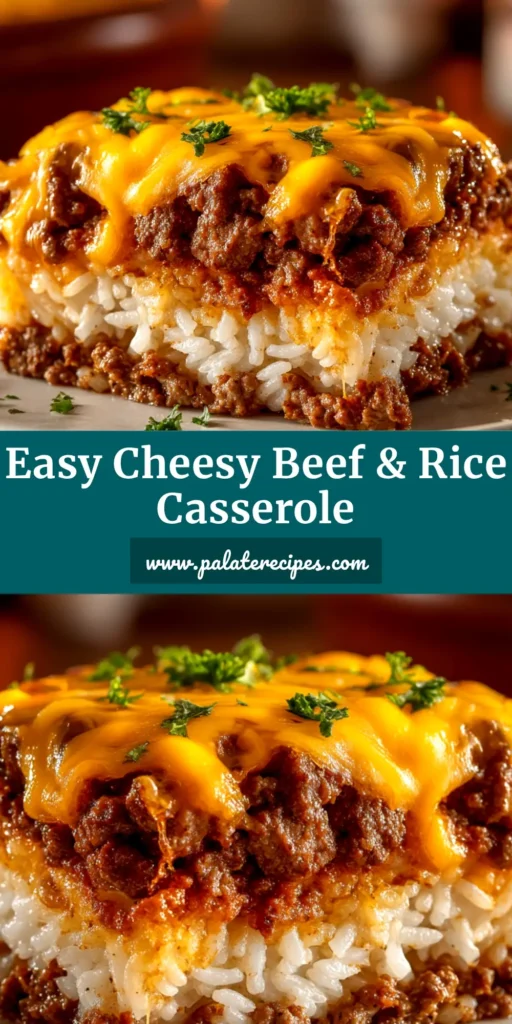 A hearty slice of cheesy ground beef and rice casserole on a white plate. This easy and delicious casserole recipe is perfect for a weeknight family dinner.