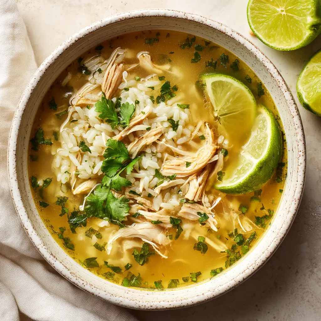 Another perspective on the healthy chicken and rice soup, with a focus on the lime and cilantro garnish that gives the dish its signature fresh taste.
