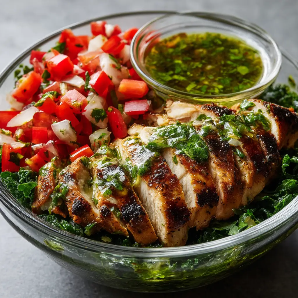 A fully assembled Chimichurri Grilled Chicken Bowl in a white bowl, ready to be eaten. The juicy sliced chicken and fresh toppings are clearly visible.