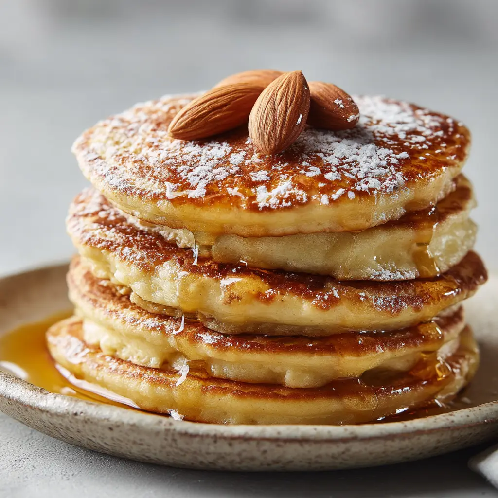 Gluten-Free Almond Flour Pancakes (The Best Fluffy Recipe!) 2 A stack of healthy gluten-free pancakes made with almond flour, shown from an overhead angle with fresh blueberries scattered around.
