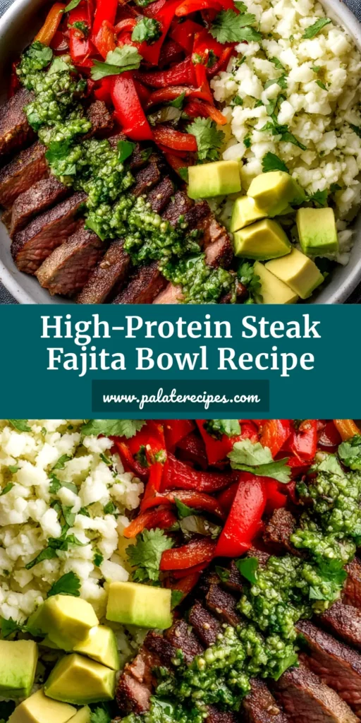 An overhead shot of a delicious High Protein Steak Fajita Bowl, with perfectly seared steak slices, colorful peppers, and fresh cilantro, ready to be shared on Pinterest.
