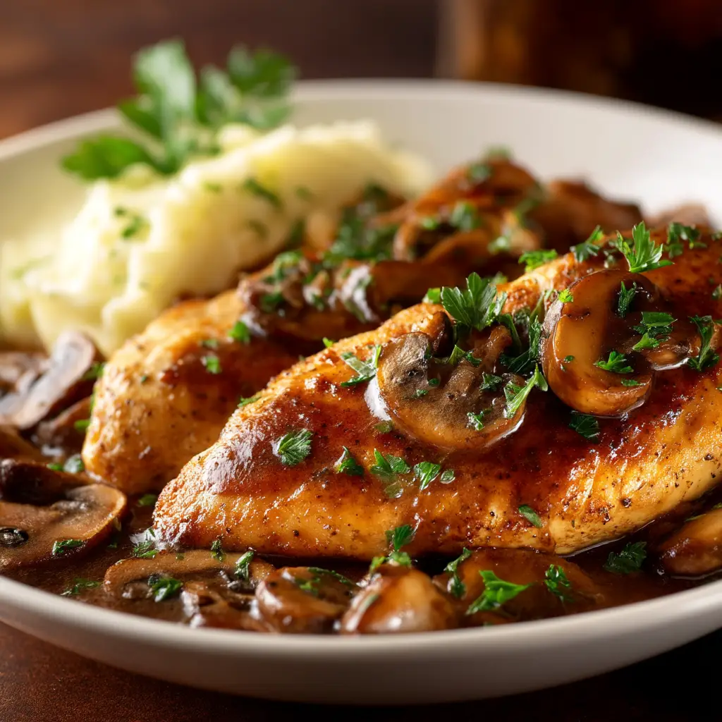 A gourmet serving of Chicken Marsala on a white plate, showcasing the tender chicken cutlets smothered in a savory mushroom and wine sauce.