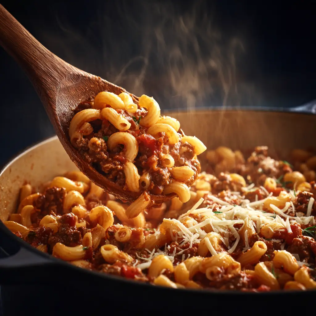 A spoonful of homemade goulash being lifted from a bowl, showcasing the tender macaroni and savory beef in a rich tomato broth.