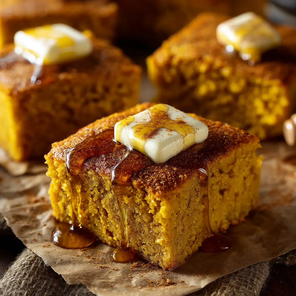 Pumpkin Cornbread: The Ultimate Moist & Easy Recipe 2 A slice of homemade pumpkin cornbread topped with a pat of melting butter.
