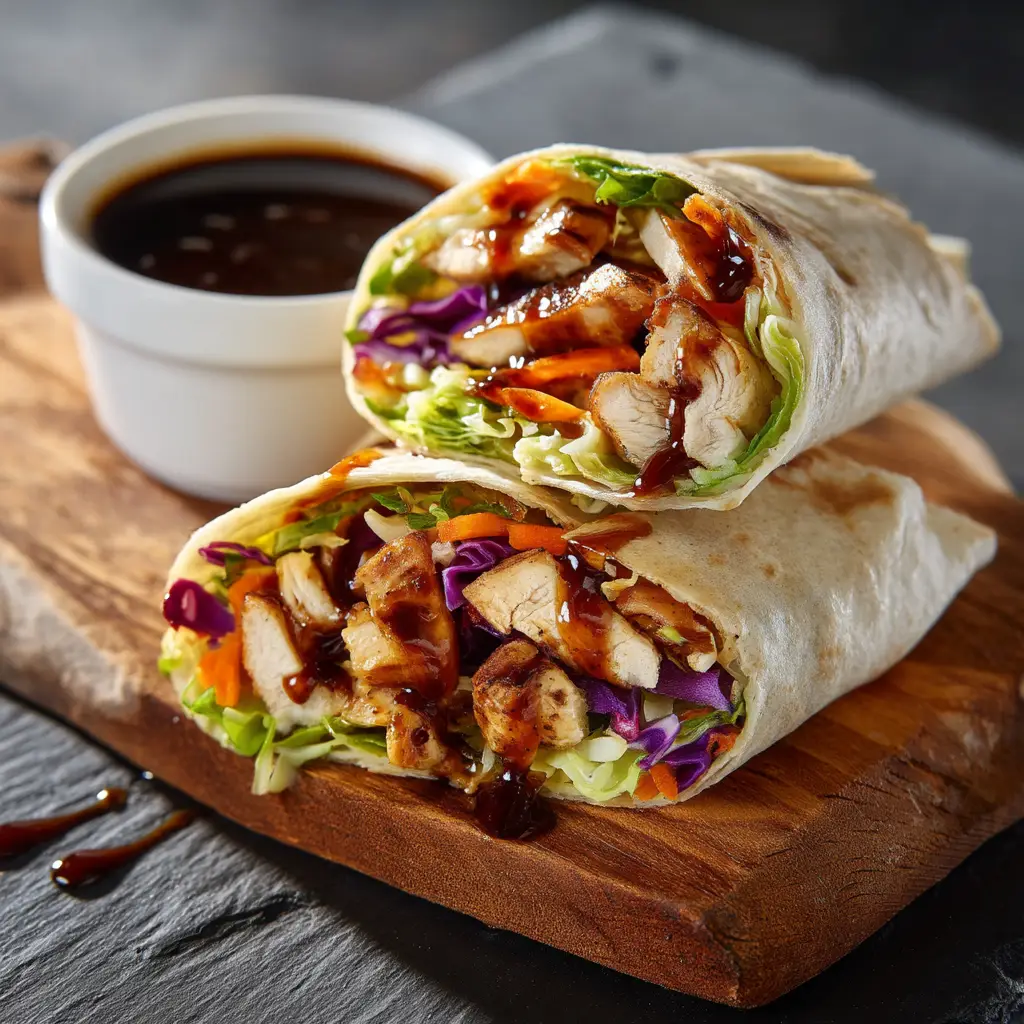 A close-up shot of a homemade teriyaki chicken wrap, sliced and plated, showcasing the juicy chicken and fresh vegetable fillings.