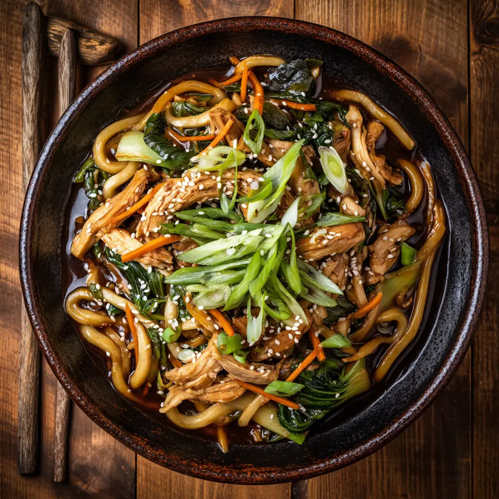 A final bowl of homemade Yaki Udon, garnished with fresh green onions and sesame seeds, illustrating the delicious final result of the recipe.