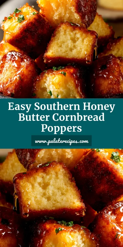 A platter of golden brown Honey Butter Cornbread Poppers, glistening with a honey glaze and ready to be served.