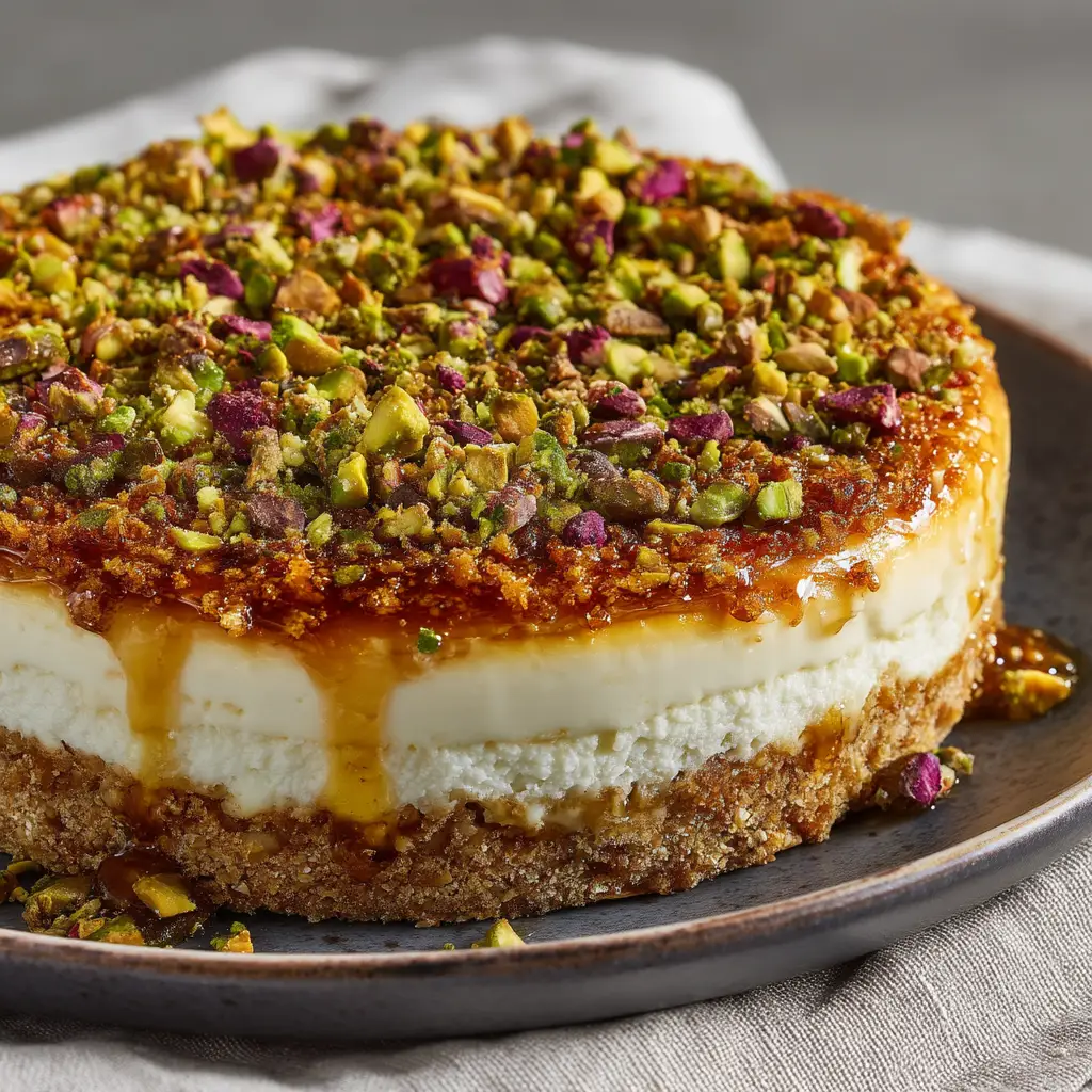 Honey Pistachio Baklava Cheesecake: A Decadent Fusion Dessert 2 A close-up overhead shot of the Honey Pistachio Baklava Cheesecake, garnished with finely chopped pistachios and a shiny honey glaze, highlighting its delicious texture.