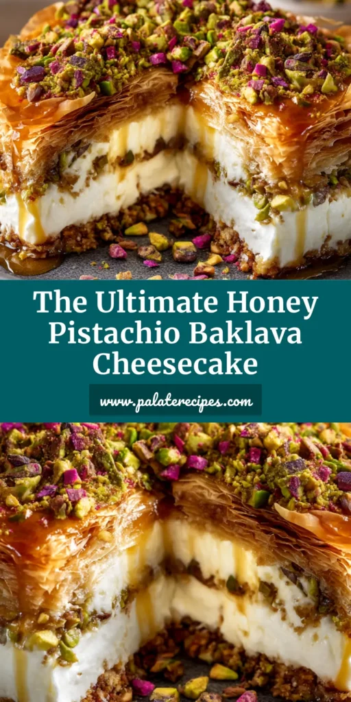 Honey Pistachio Baklava Cheesecake: A Decadent Fusion Dessert 4 A beautiful slice of Honey Pistachio Baklava Cheesecake on a white plate, showing the flaky phyllo crust, creamy filling, and a glistening honey syrup drizzle with chopped pistachios on top.
