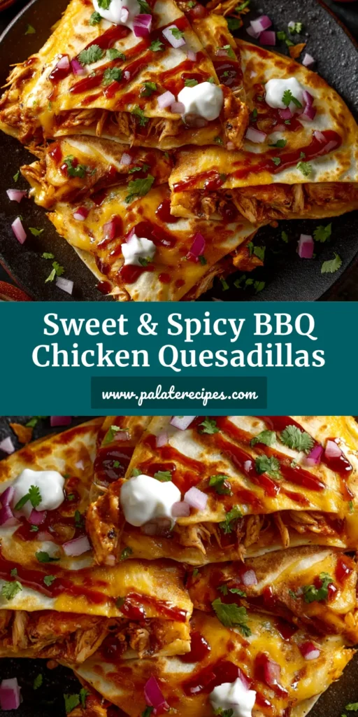 A stack of freshly made Hot Honey BBQ Chicken Quesadillas, cut into wedges and showing the cheesy, chicken-filled interior. Served on a rustic plate with a side of ranch for dipping.