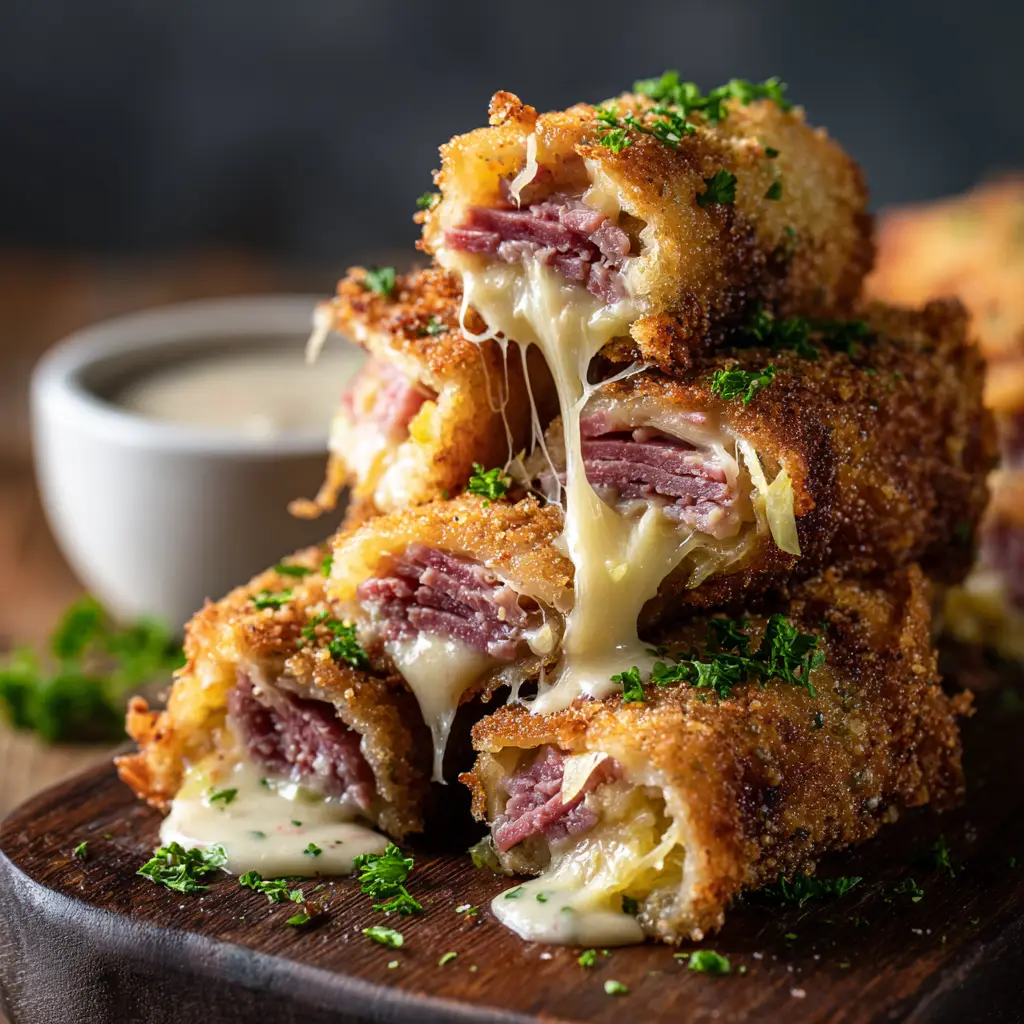A view of several corned beef and swiss roll-ups being assembled on a cutting board before being cooked.