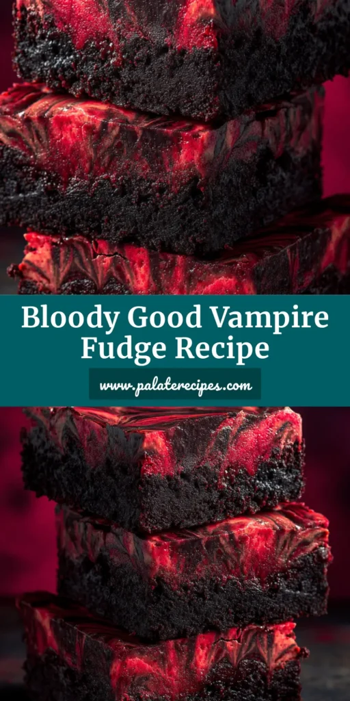 Decadent Vampire Fudge Recipe 4 A close-up shot of stacked Vampire Fudge Recipe squares, featuring a thick black chocolate base and a glossy blood-red swirled top against a dark, moody background.