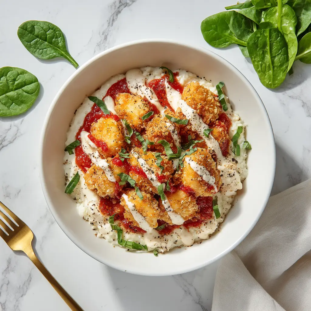 Golden-brown breaded chicken nuggets sitting on a bed of creamy white cottage cheese, drizzled with red marinara and white cream sauce.