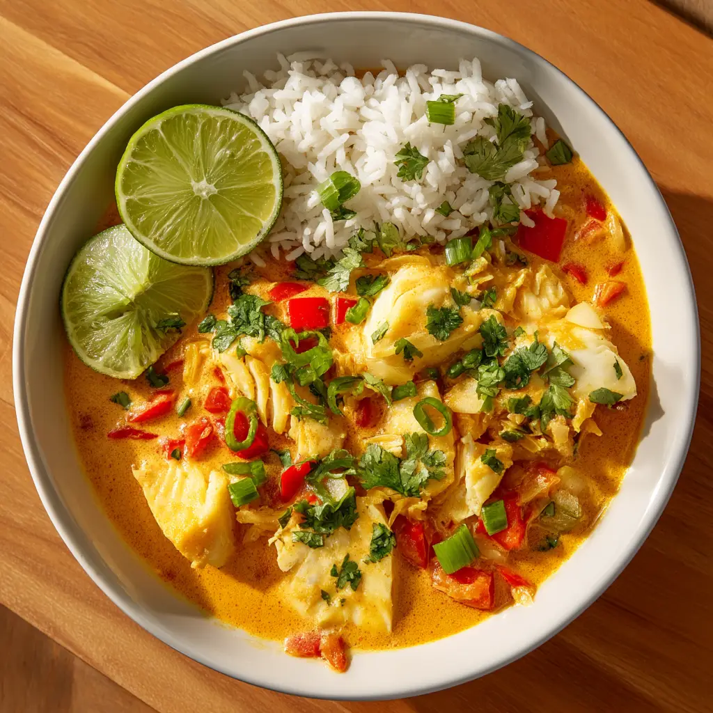 Large, flaky chunks of white fish gently simmering in a rich, creamy orange-yellow coconut curry sauce inside a skillet.