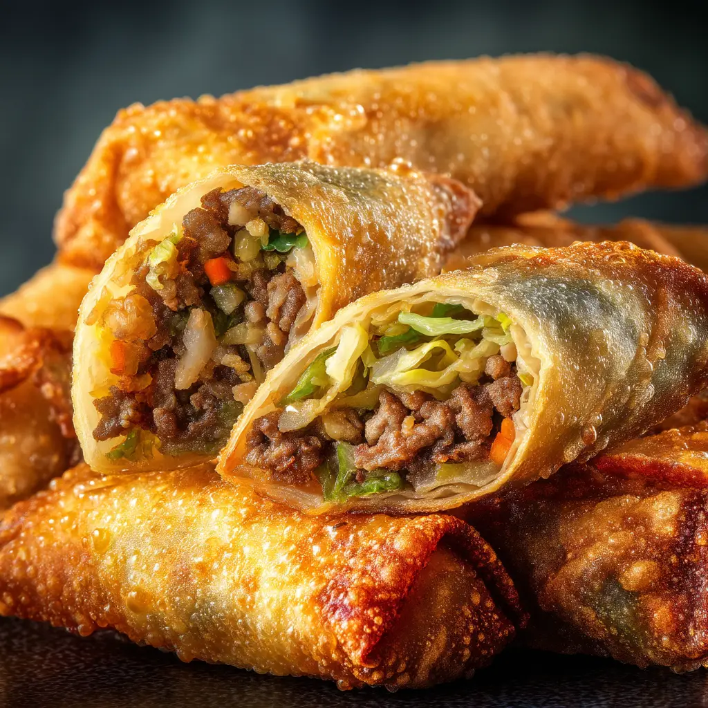 Crispy Homemade Egg Rolls Recipe (Beef & Cabbage) 3 Extreme macro shot of an egg roll cut in half, revealing a savory filling of ground beef, fresh green cabbage, and carrots from our Homemade Egg Rolls Recipe.