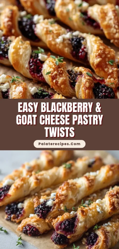 Close-up of golden-brown Blackberry Goat Cheese Puff Pastry Twists on brown parchment paper, garnished with fresh thyme.