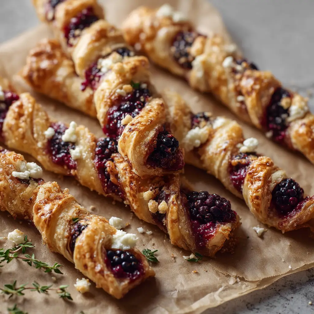 Soft natural lighting highlighting the flaky texture of golden-brown puff pastry twists with blackberries and thyme.
