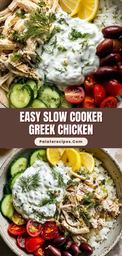 Overhead view of a vibrant Greek chicken rice bowl with shredded chicken, fresh cucumbers, cherry tomatoes, Kalamata olives, and tzatziki sauce.