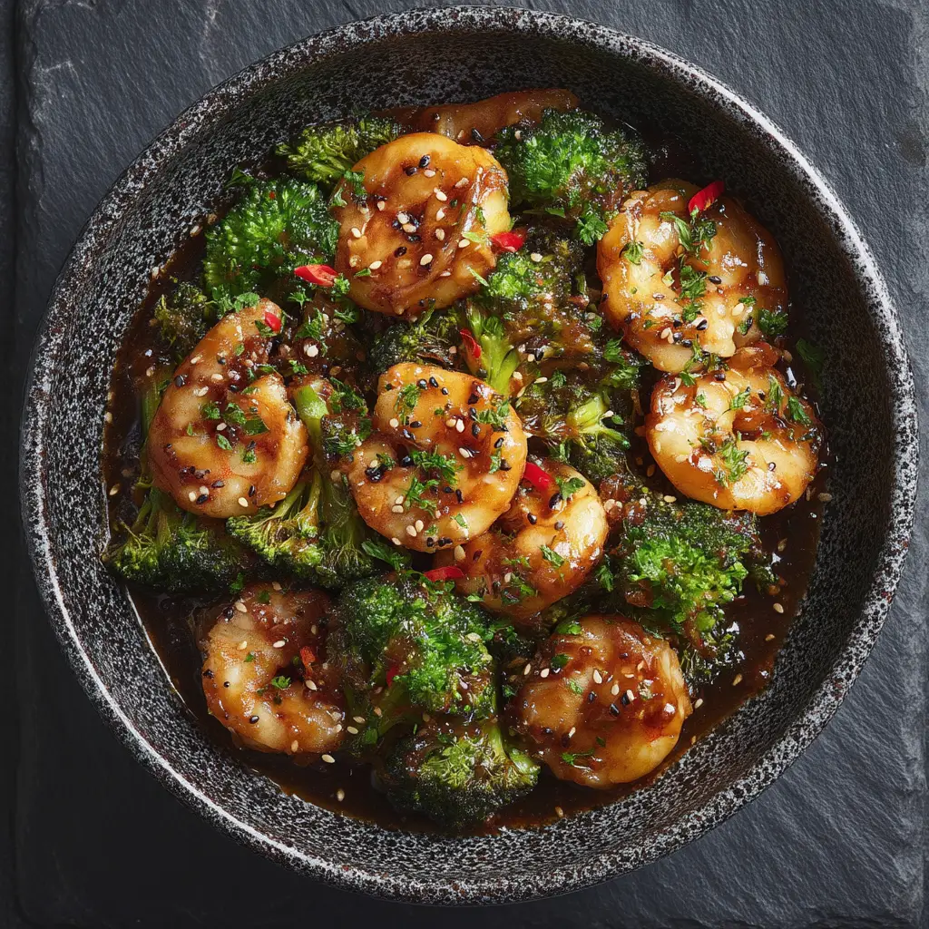 The Ultimate Shrimp and Broccoli Stir-Fry with Garlic Brown Sauce 2 Close-up overhead shot of plump shrimp glistening with a glossy brown sauce and vibrant emerald green broccoli in a dark speckled bowl.