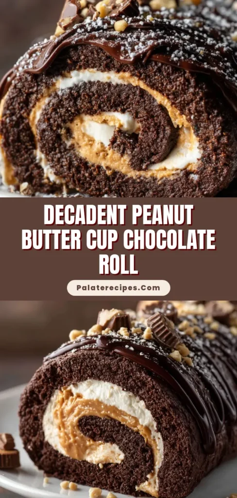 A decadent slice of Peanut Butter Cup Chocolate Roll on a clean white plate with melted ganache and crushed peanuts.
