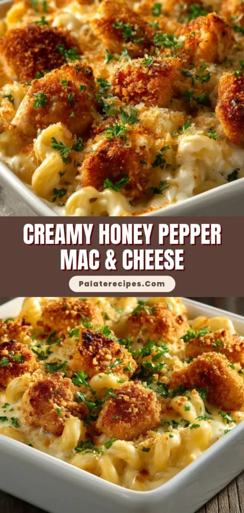 Close up shot of baked honey pepper chicken mac and cheese in a white square ceramic baking dish, topped with fresh parsley.