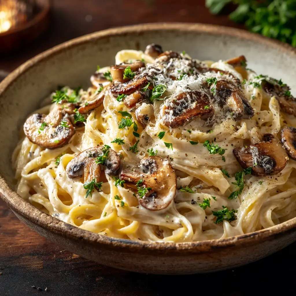 Cremini mushrooms searing in a skillet with melted butter and olive oil.