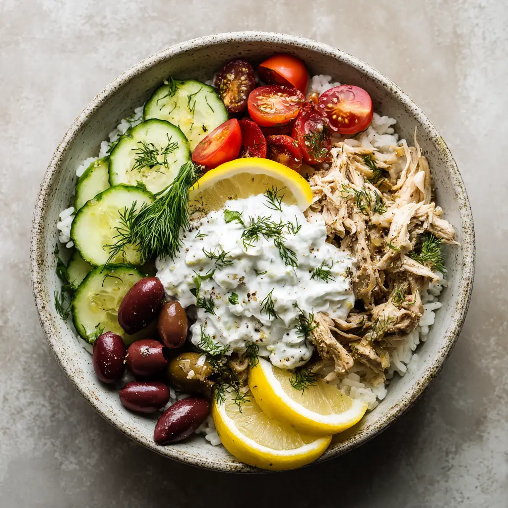 Close up of shredded herb-seasoned Slow Cooker Greek Chicken topped with a dollop of creamy tzatziki and fresh dill.