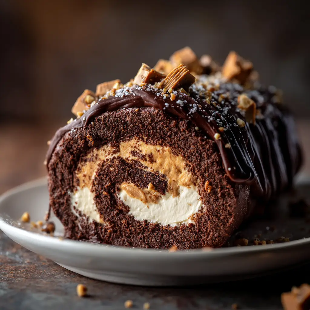 Perfectly sliced chocolate peanut butter cake roll showing the thick cream filling and dark chocolate ganache topping.