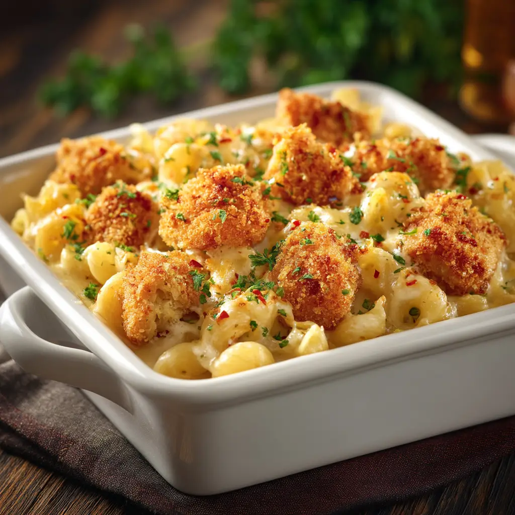 Photorealistic close up of baked honey pepper chicken mac and cheese set on a dark rustic wooden table.
