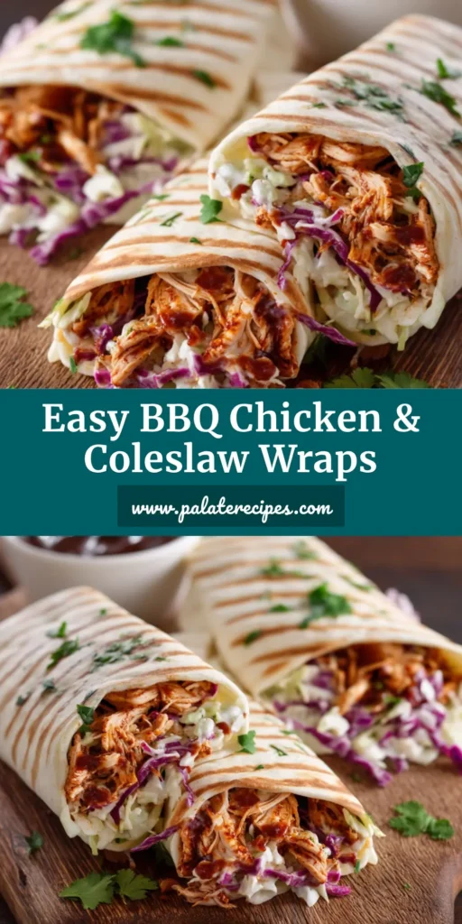 Ultimate BBQ Chicken Wraps with Crunchy Coleslaw 5 Two beautifully presented BBQ chicken wraps cut in half on a rustic cutting board, showing shredded chicken and colorful purple and green cabbage coleslaw.