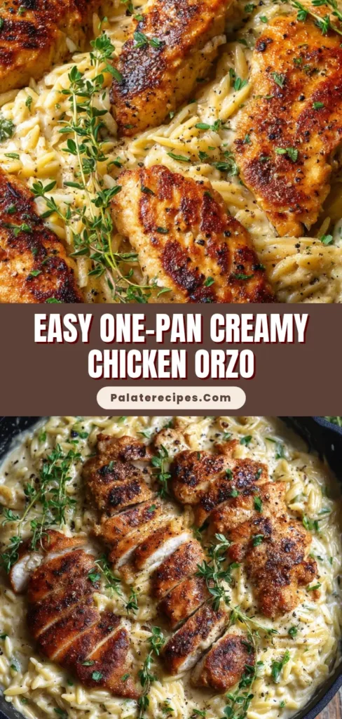 Extreme close up overhead view of a rustic black cast iron skillet filled with creamy orzo pasta and seared golden brown chicken tenders.